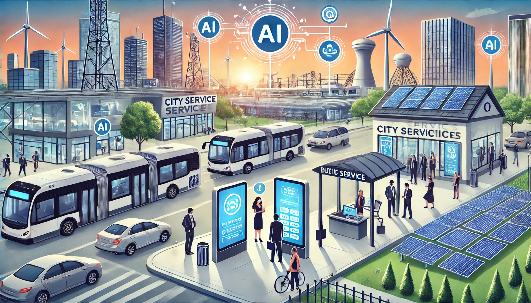 An illustration of a modern city showcasing AI-powered public services. In the foreground, a smart transportation hub features AI-driven buses with real-time route displays. Citizens interact with digital kiosks at a city service center, receiving assistance through AI-powered systems. In the background, renewable energy sources like solar panels and wind turbines are managed by AI for optimal efficiency. The scene conveys progress, inclusivity, and technological integration for societal benefit.